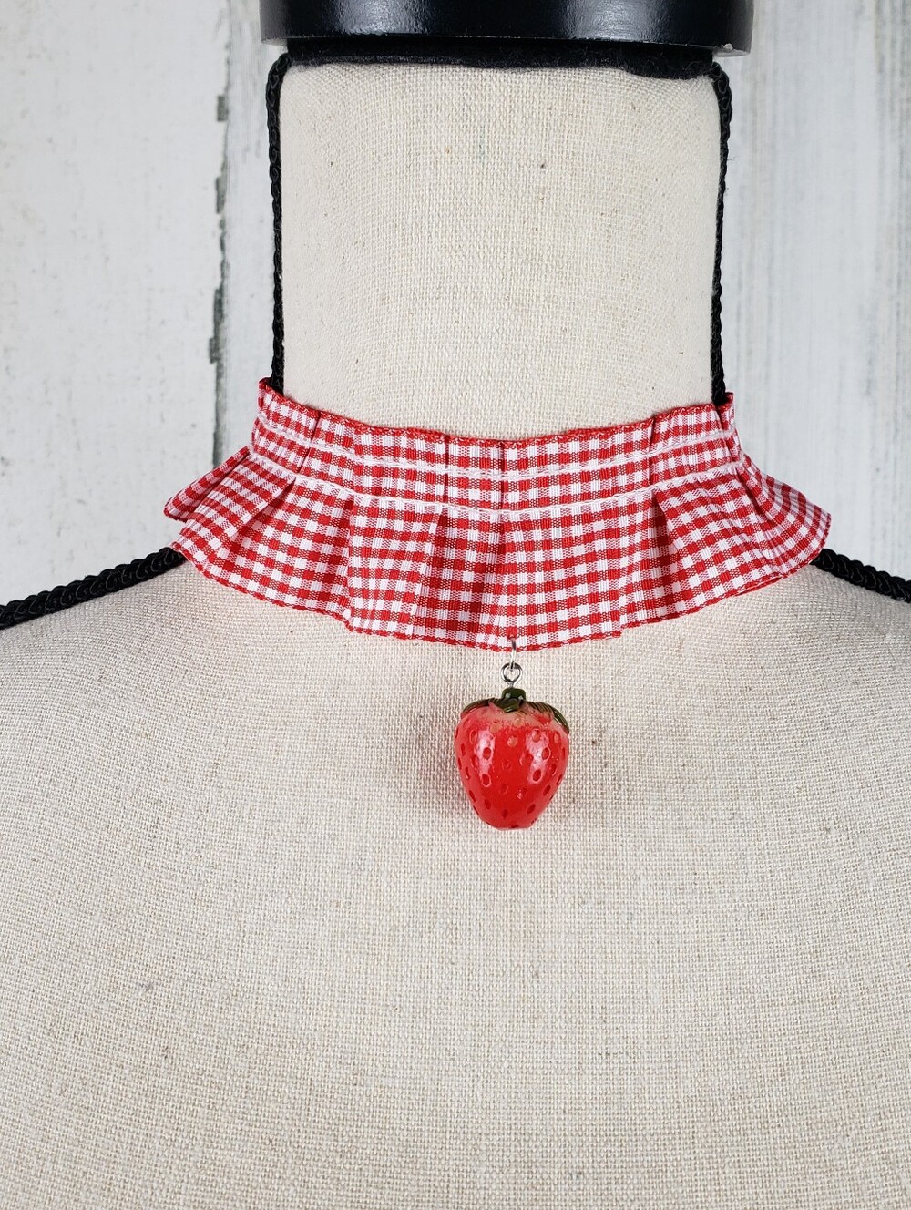 Red Gingham Strawberry Charm Choker Necklace